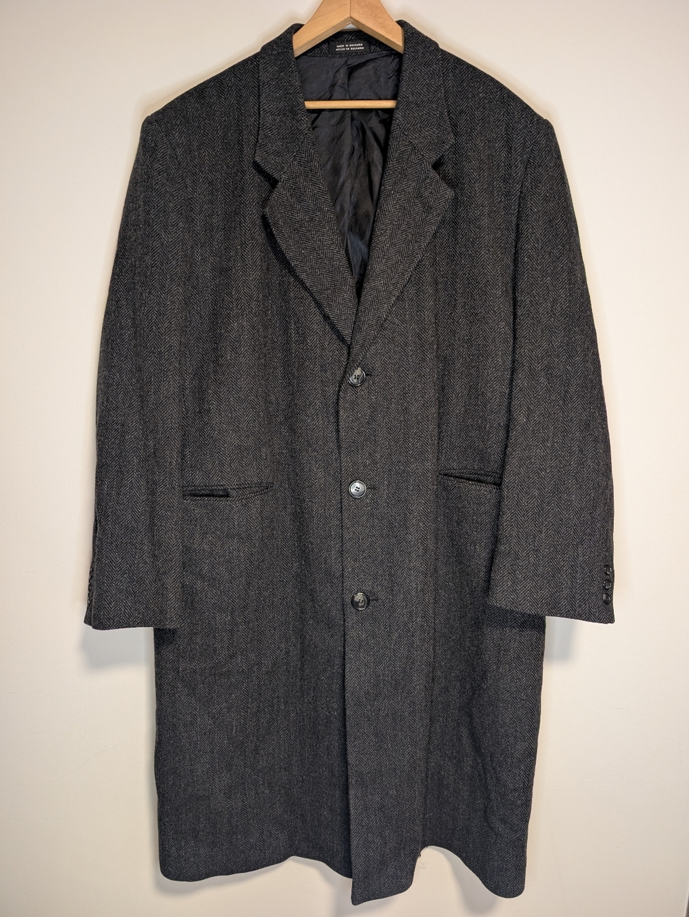 Men's Towncraft Wool Charcoal Herringbone Overcoat - Classic Tailored Coat 48L
